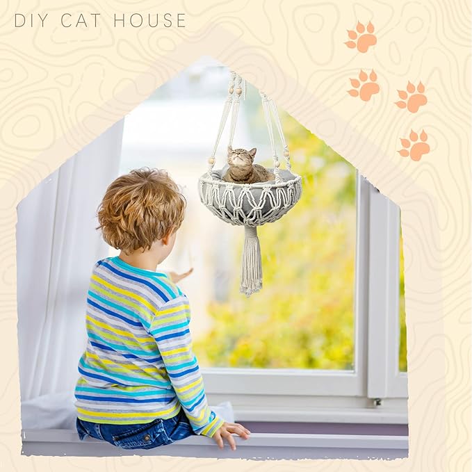 3 Pcs Macrame Cat Hammock, Including Boho Hanging Cat Bed Cat Scratcher Cat Scratch Pad Cat Swing Hanging Cat Window Perch for Small Cat Small Dog (Cute Style,40 x 12 Inch)