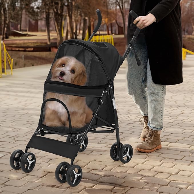 MoNiBloom 4 Wheels Pet Stroller, Easy-Fold Puppy Cage Jogger Stroller with Sun Cover, Pad and Rear Storage Bag, Breathable and Visible Mesh for Small/Medium Pets up to 22 lbs, Balck