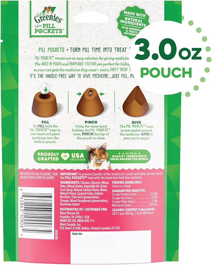 Greenies Feline Pill Pockets for Cats Natural Soft Cat Treats, Salmon Flavor, 3 oz. Pack (85 Treats)