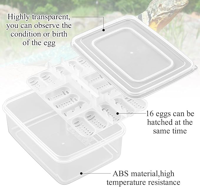 Reptile Egg Incubator Tray: 16 Grids Amphibians Hatchery Box, Reptile Breeding Box, Incubation Box for Hatching Snake, Lizards, Turtle, Gecko Egg Without Thermometer