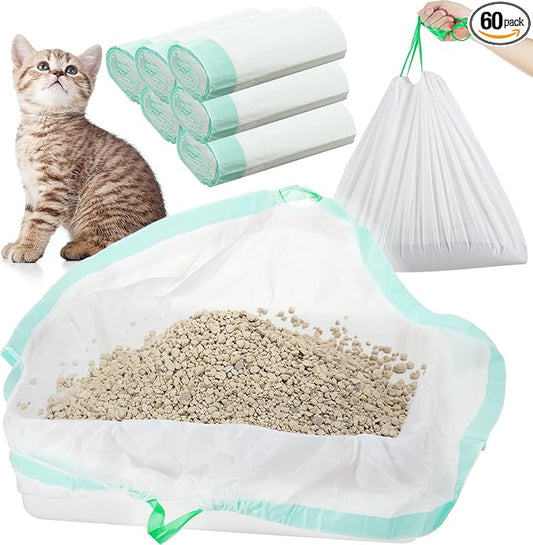 Thenshop 60 Count Litter Box Liners 36'' x 18'' Jumbo Cat Pan bags Drawstring Cat Supplies Extra Large Disposable Cat Litter Bags Cat Box Liners for Trash Waste Litter Box Tidy (Green)