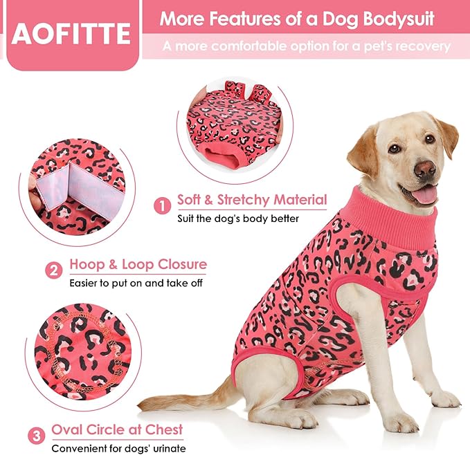AOFITEE Dog Recovery Suit, Dog Surgical Recovery Suit for Female Dogs Male Dogs, Cozy Dog Onesie for Surgery, Cone E-Collar Alternative, Anti Licking Dog Surgical Shirt with Pee Hole, Pink Leopard S