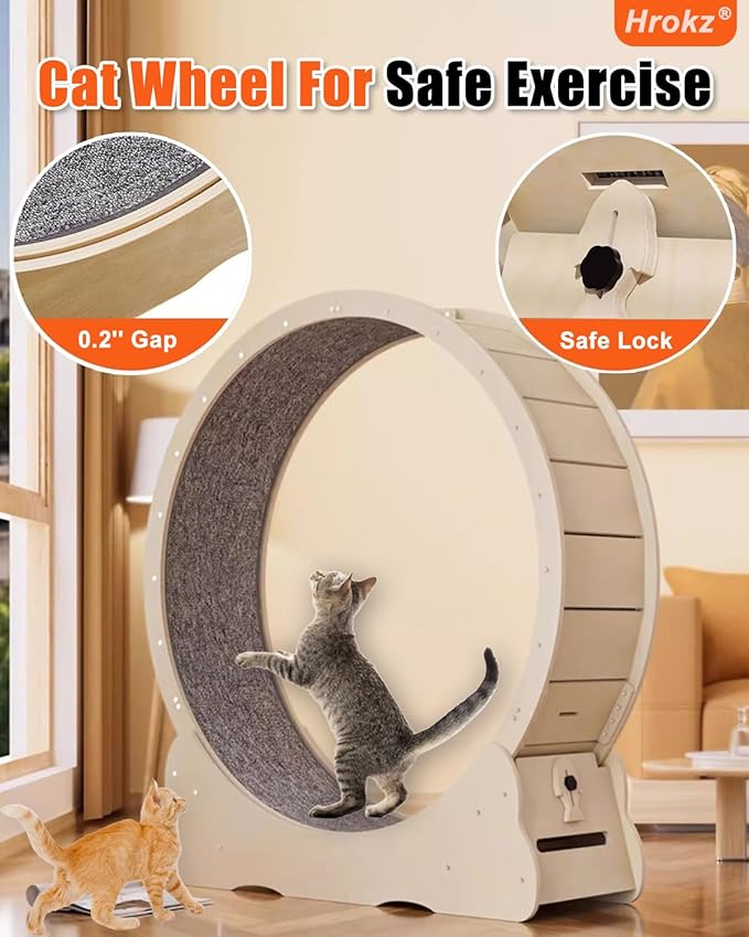 Cat Exercise Wheel for Indoor Cats, 40inch Large Cat Treadmill with Noise Reduction Port and Lock, Solid Wood Cat Running Wheels