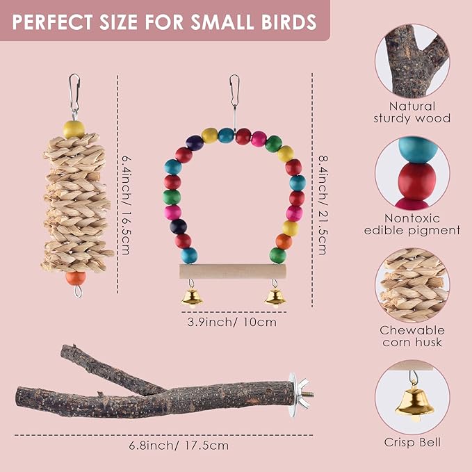 KATUMO Bird Toy Set, 6pcs Chew Toys & Perch for Small Birds, Conure, Cockatiel, Lovebird, Parakeet, Finch, Canary, Myna - Mental & Physical Workout, Relieves Boredom