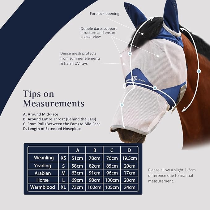 Harrison Howard Full Face Horse Fly Mask UV Protection and Breathable Mask for Equine Use Comfortable Fly Mask for Horses Navy XL