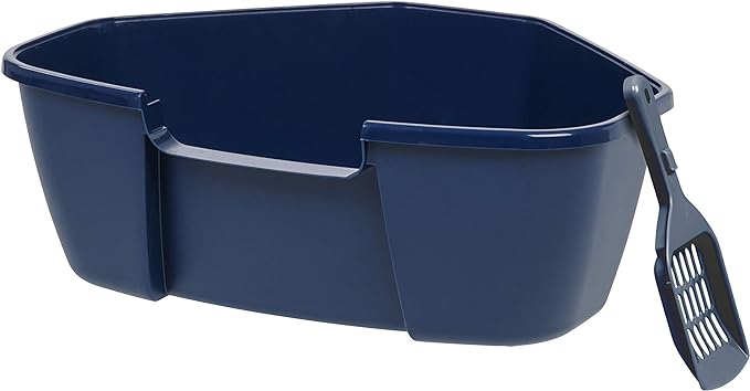 IRIS USA Large Corner Cat Litter Box with Scoop, Open Top High Sided Kitty Litter Pan, Navy