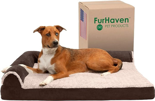 Furhaven Cooling Gel Dog Bed for Large Dogs w/ Removable Bolsters & Washable Cover, For Dogs Up to 95 lbs -Two-Tone Plush Faux Fur & Suede L Shaped Chaise- Espresso, Jumbo/XL, 40.0"L x 32.0"W x 8.0"Th