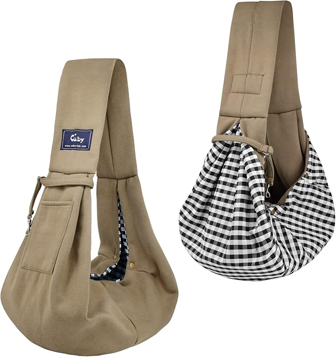 CUBY Dog and Cat Sling Carrier - Hands Free Reversible Pet Papoose Bag - Soft Pouch and Tote Design - Suitable for Puppy, Small Dogs Cats Outdoor (Khaki, Unadjustable strap)