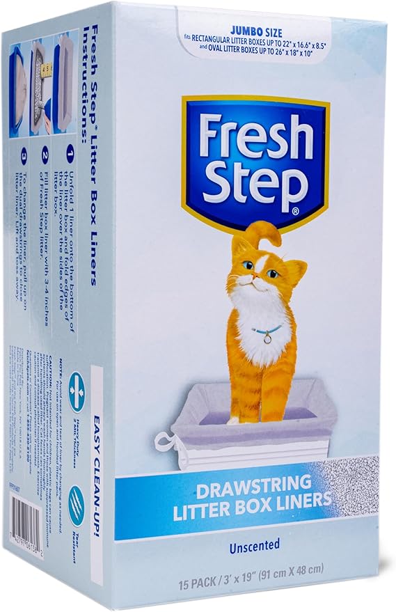 Fresh Step Drawstring Cat Litter Box Liners, Unscented, Size Jumbo, 36" x 19" | Kitty Litter Bags - Cat Litter Liners for Rectangle or Oval Large Litterboxes, 15 Count - 12 Pack