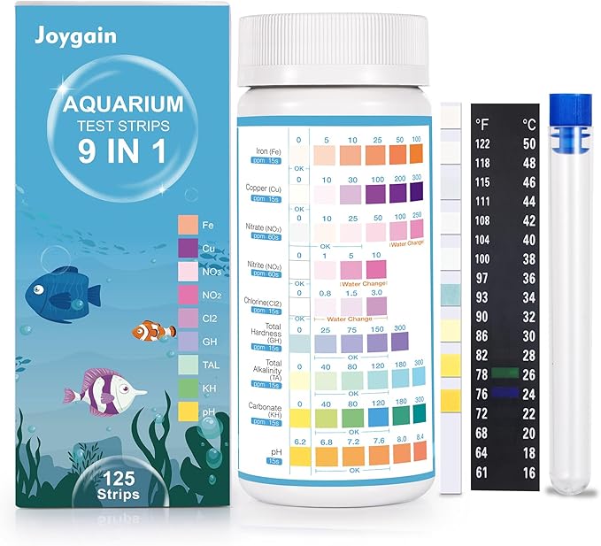 9 in 1 Aquarium Water Test Kit - Easy & Accurate Aquarium Test Strips, 125 Strips Fish Tank Water Testing Kit Monitor pH, Nitrite, Nitrate and More - Ideal for Freshwater and Saltwater Aquariums