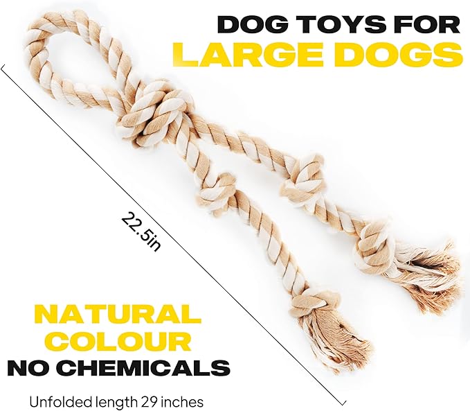 Fida Dog Rope Toys for Aggressive Chewers,Large Dog Toy Designed for Tug of War, Tough Dog Rope Toy Indestructible Made of Undyed Natural Cotton, 29" Large Dog Toys with 3 Big Knots and a Handle