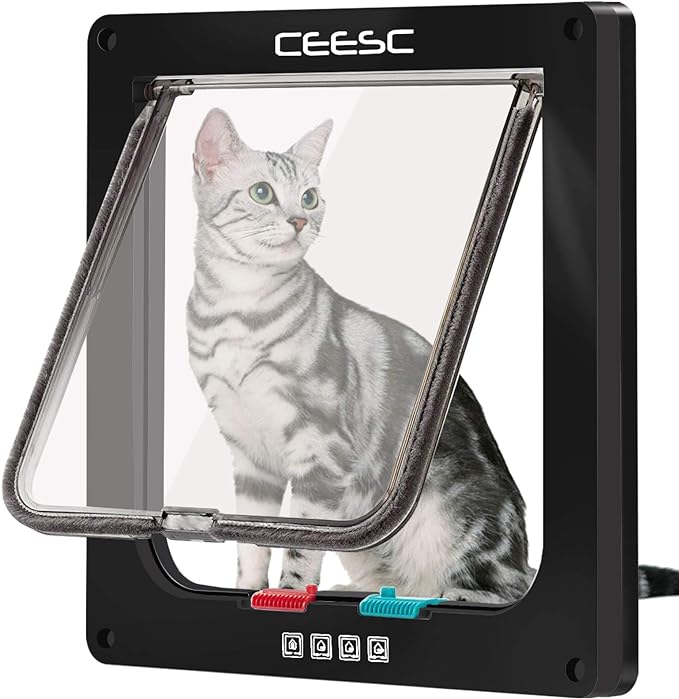 CEESC Large Cat Door (Outer Size 11" x 9.8"), 4 Way Locking Cat Door for Windows & Sliding Glass Door, Weatherproof Cat Flap Door for Cats & Doggie with Circumference < 24.8"