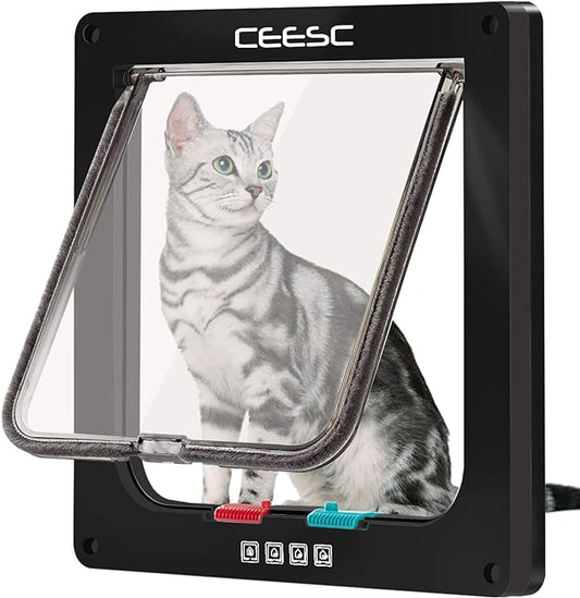 CEESC Large Cat Door (Outer Size 11" x 9.8"), 4 Way Locking Cat Door for Windows & Sliding Glass Door, Weatherproof Cat Flap Door for Cats & Doggie with Circumference < 24.8"