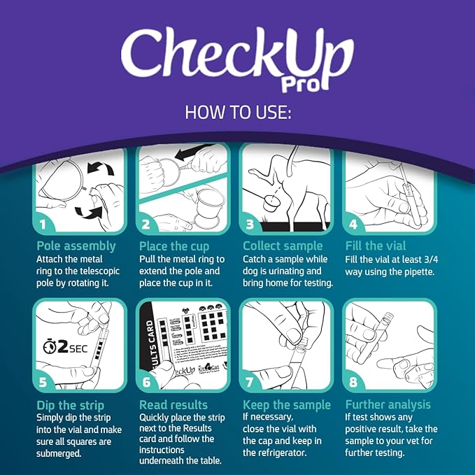 CheckUp Pro at Home Wellness Test for Dogs | Telescopic Pole, Cup, 2 Strips | Early Detection of 10 Health Indicators | pH, Protein, Urobilinogen, Glucose, Bilirubin, Ketone, S-Gravity, Blood in urine