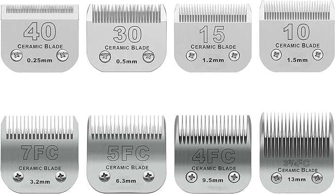 Size 40/30/15/10/7FC/5FC/4FC/3FC Detachable Pet Dog Grooming Clipper Ceramic Blades Set,Compatible with Andis,Oster A5,Wahl KM10 Series Clippers,Cut Length 1/100"(0.25mm) to 1/2"(13mm),8 Pack