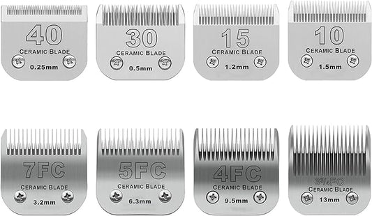 Size 40/30/15/10/7FC/5FC/4FC/3FC Detachable Pet Dog Grooming Clipper Ceramic Blades Set,Compatible with Andis,Oster A5,Wahl KM10 Series Clippers,Cut Length 1/100"(0.25mm) to 1/2"(13mm),8 Pack