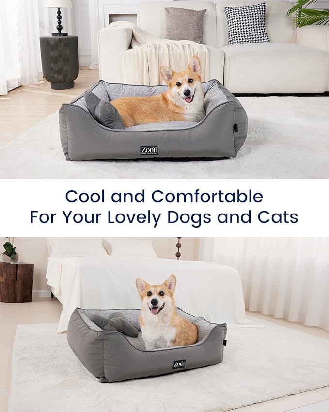 ZonLi Cooling Dog Bed, Dog Bed for Large Dogs, Dog Cooling Bed with Bolsters Waterproof, for Dogs Up to 40 lbs, Pet Bed with Washable Cover, Non-Slip Bottom, without Gel, Arctic Grey