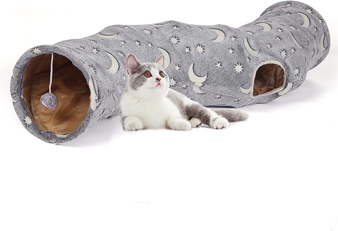 LUCKITTY Cat Tunnel Tube with Plush Ball Toys Collapsible Self-Luminous Photoluminescence, for Small Pets Bunny Rabbits, Kittens, Ferrets,Puppy and Dogs Grey Moon Star (S-Shape)