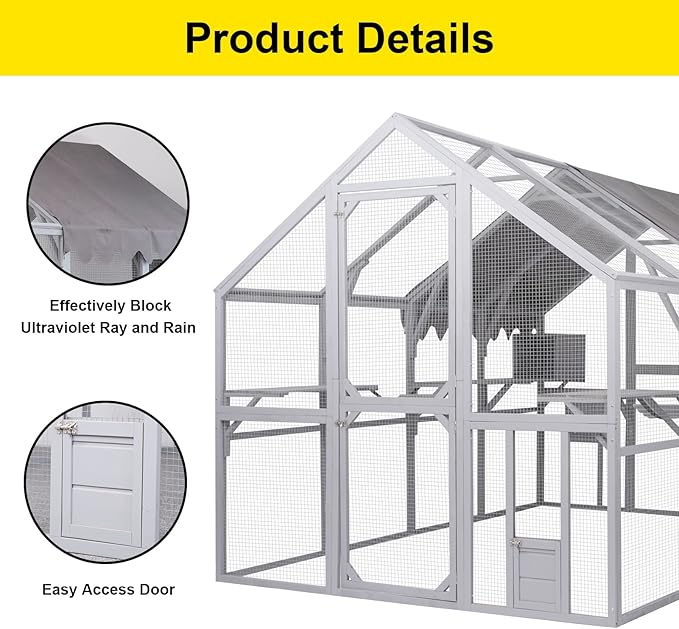 110 Inch Large Wooden Catio Outdoor Cat Enclosure w/ 2 Napping Houses, Luxury Pet-House with Jumping Platforms & Weatherproof Roof, Walk-in Kitty Kennel Condo Shelter