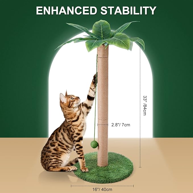 Odoland Cat Scratching Post - Indoor 33 inch Palm Tree Sisal Scratch Posts with Dangling Balls for Kitten and Large Cat - Vertical Scratcher Cute Cat Scratching Post Fun Cat Toy Green