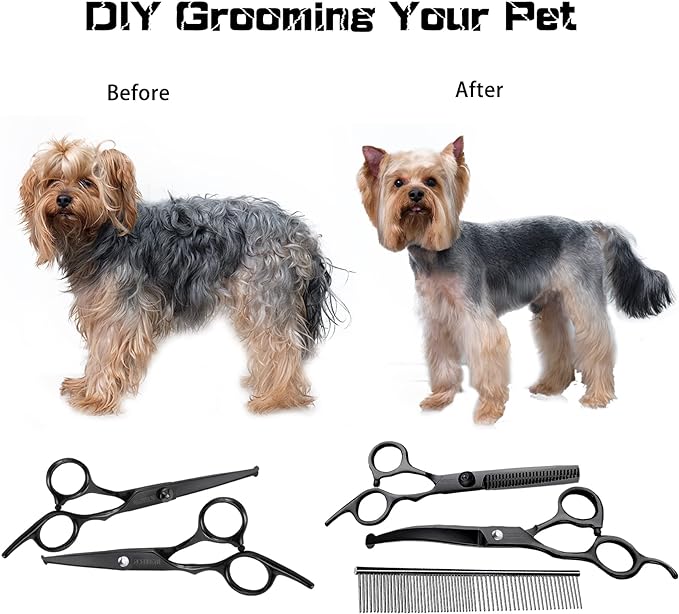 Dog Grooming Scissors Kit with Safety Round Tips, Professional 6 in 1 Grooming Scissors for Dog, Cats, Pets, 4CR Stainless Steel, Sharp and Durable