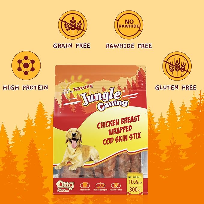 Jungle Calling Dog Treats, High Protein Dog Chewy Treats Healthy Teeth and Coat, Chicken Wrapped Cod Skin Sticks, Rawhide Free Cod Fish Skin Treats for Dogs, 10.6 oz