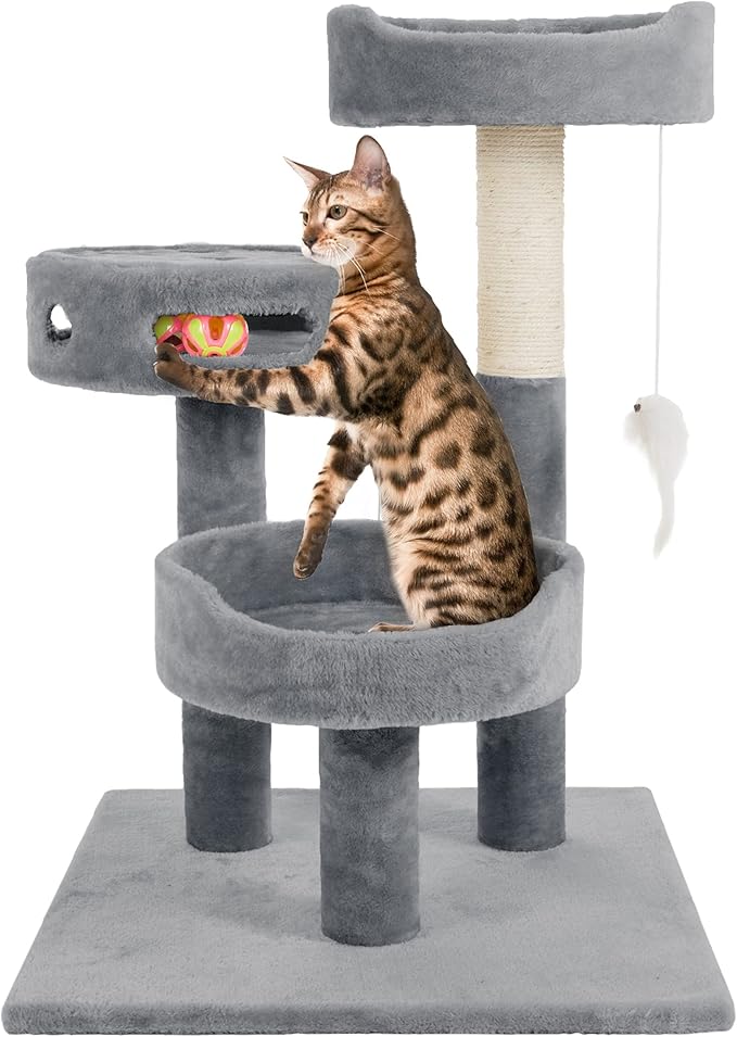 3-Tier Cat Tower with Sisal Rope Scratching Post, 2 Carpeted Napping Perches, Hanging Mouse, and Interactive Toy for Indoor Cat Use by PETMAKER (Gray)