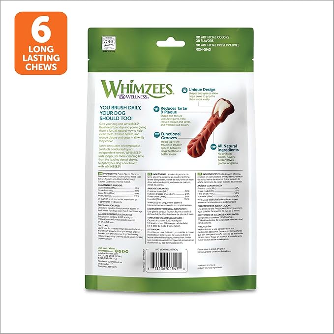 WHIMZEES by Wellness Brushzees Natural Dental Chews for Dogs, Long Lasting Treats, Grain-Free, Freshens Breath, Large Breed, 6 count