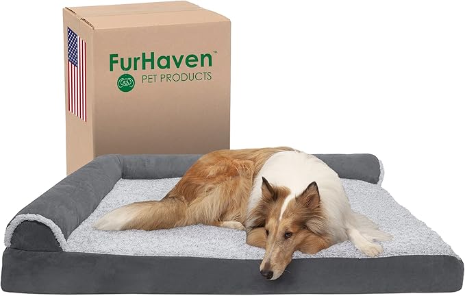 Furhaven Cooling Gel Dog Bed for Large Dogs w/ Removable Bolsters & Washable Cover, For Dogs Up to 125 lbs - Two-Tone Plush Faux Fur & Suede L Shaped Chaise - Stone Gray, Jumbo Plus/XXL