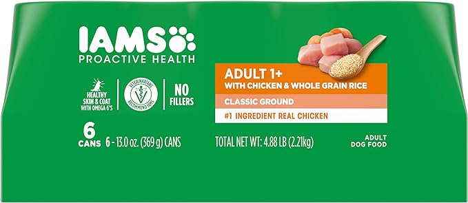 IAMS Proactive Health Adult Wet Dog Food Classic Ground with Chicken and Whole Grain Rice, Chicken & Rice, 13 Ounce (Pack of 6)