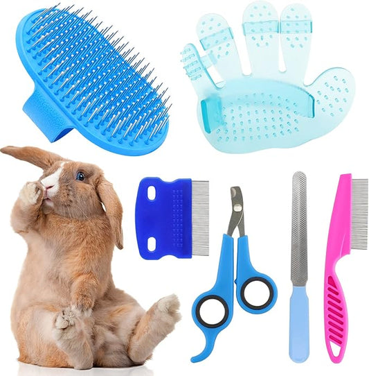 Rabbit Grooming Kit, Rabbit Brush for Shedding with Bunny Nail Clipper, Rabbit Nail Trimmers with Pet Combs for Hamster Guinea Pig Ferret by KALAMANDA(6 Pack)