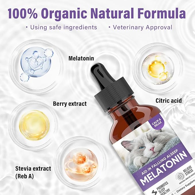 Melatonin for Cats, 2 Fl oz Cat Calming, Supports Restful Sleep for Your Cat, Anxiety Relief & Promote Relaxation