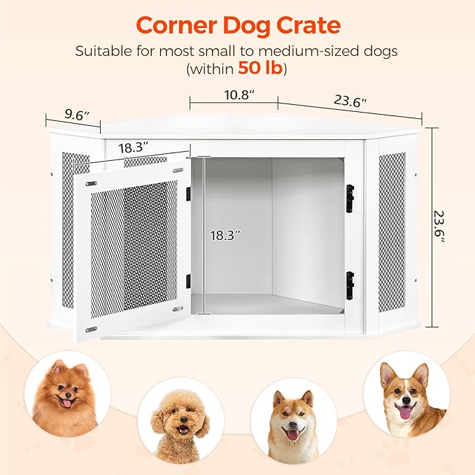 Corner Dog Crate Furniture, Wooden Dog Kennel End Table, Decorative Pet Crate Indoor Use, Furniture Style Dog House for Small Medium Dog, Dog Cage TV Stand, White and Black DCWT0801