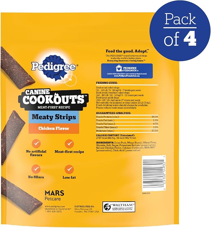 Pedigree Canine Cookout Soft Dog Treats, Chicken Flavored Meaty Strips, 18.2 oz. Bag, Pack of 4