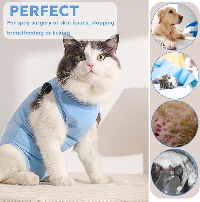 Cat Recovery Suit, Kitten Surgical Bodysuit for Abdominal Wound Anti Licking After Surgery, Pet Surgical Recovery Snugly Suit Cat Spay Recovery Suit Female for Small Male Female Cats Blue L