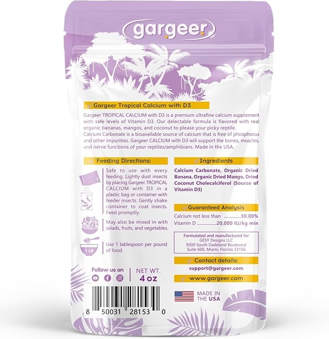 4oz Gecko Calcium with Vitamin D3, Phosphorus-Free, Ultrafine Powder. Ready to Use Supplement for Geckos and Fruit-Eating Reptiles. Pure Dust with Real Organic Fruits. Made in The USA