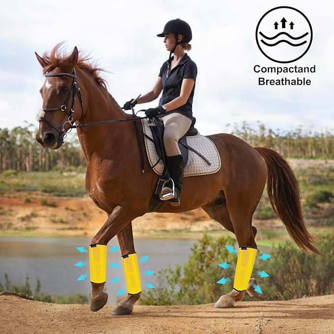 Horse Fly Boots, Adjustable Fly Boots for Horses Set of 4, Comfortable Horse Leggings, Breathable Plastic Mesh Material, Horse Supplies for Reduces Stress & Leg Fatigue (Yellow)