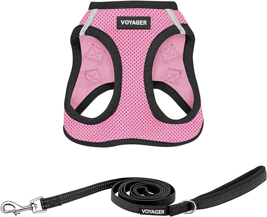 Voyager Step-in Air All Weather Mesh Harness and Reflective Dog 5 ft Leash Combo with Neoprene Handle, for Small, Medium and Large Breed Puppies by Best Pet Supplies - 1Pink Base, XL