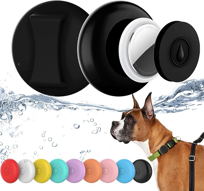 IPX8 Waterproof AirTag Dog Collar Holder, Hidden Air Tag Case for Cat Collar, Anti-Lost Silicone Cover for AirTag GPS Tracker Compatible with Pets Loop, Fits All Width Collars(Black M)