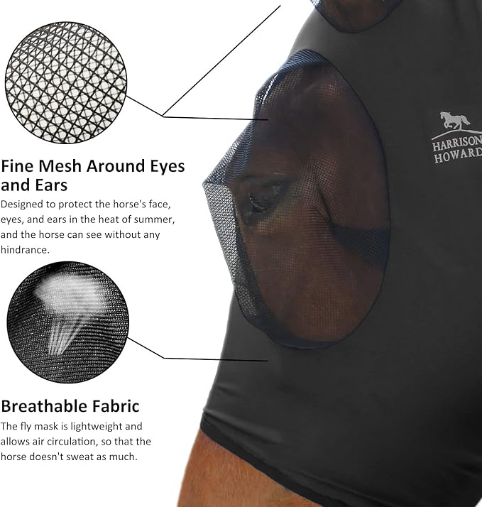 Harrison Howard Super Comfort Stretchy Fly Mask Large Eye Space with UV Protection Soft on Skin with Breathability Piano Black Extra-Full (Extra-Large)