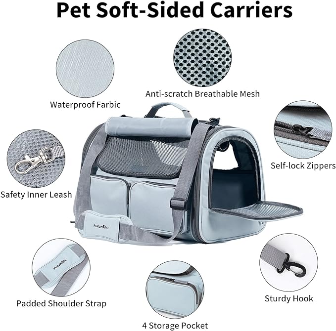 FUKUMARU Cat Carrier, Soft-Sided Small Dog Carrier, Large Cat Travel Bag with 4 Mesh Windows, Under 15 lb Airline Approved Pet Carrier with 4 Storage Pockets, Rollable Cover for Nervous Cats, Grey