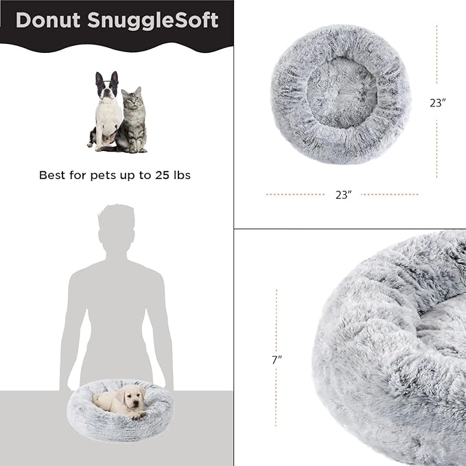 Best Friends by Sheri SnuggleSoft Faux Rabbit Fur Memory Foam Calming Donut Bed for Dogs and Cats, Grey, 23" x 23"