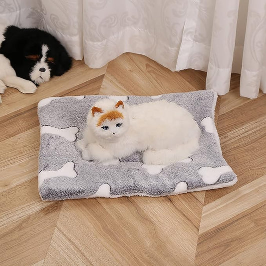 Calming Cat Blanket, Flannel Pet Bed Mat for Indoor Cats, Ultra Soft Fleece for Anxiety and Stress Relief, Hypoallergenic, Machine Washable, Grey Bone (S 11.8'' x 15.7'')