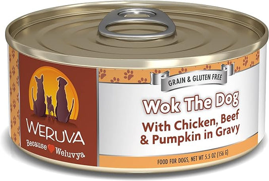 Weruva Classic Dog Food, Wok The Dog with Chicken, Beef & Pumpkin in Gravy, 5.5oz Can (Pack of 24), Brown