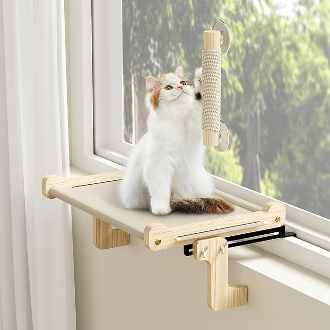 Cat Window Perch with Scratching Post, Sturdy Cat Window Hammock Bed Seat with Solid Wood & Metal Frame, Cat Perch for Windowsill, Bedside, Drawer and Cabinet, 2 Replace Mats