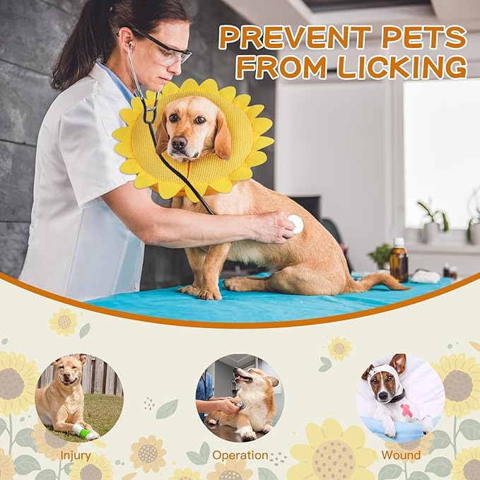 IEUUMLER Inflatable Recovery Dog Collar, Protective Donut Cone, Adjustable Soft Collar for Dog and Cat After Surgery Prevent from Biting & Scratching EU002 (L (Neck:11.8"-16.1"), Sunflower)