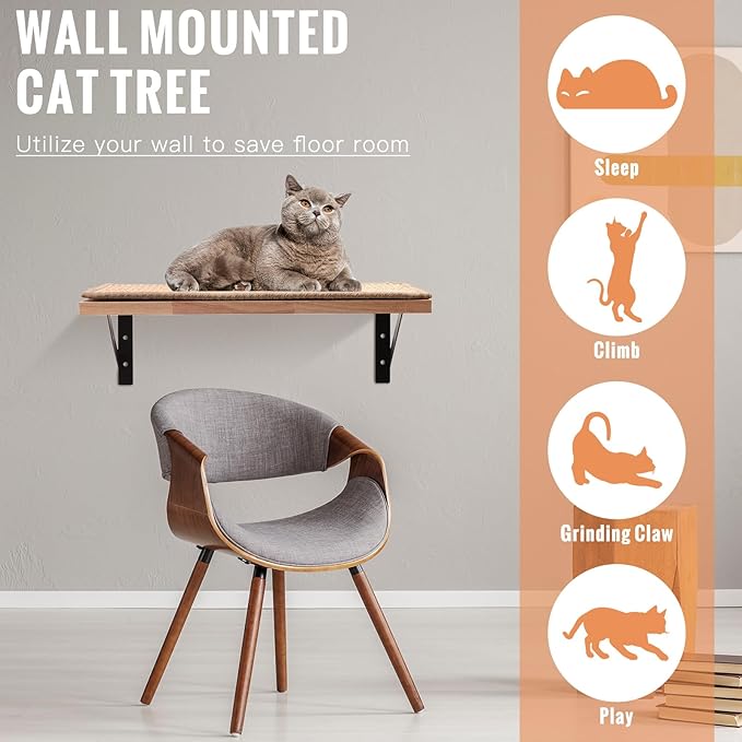 4 Pcs Floating Cat Wall Shelves with Cat Scratching Mat Wooden Cat Perches Indoor Cat Activity Wall Furniture Cats Climbing Steps Kitten Wall Mounted for Climbing Playing Scratching Perching