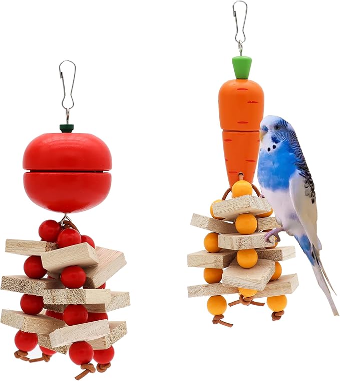 Bird Parrot Toys with Wood Blocks Beads and Colorful Ball, Tomato & Carrot Style Hanging Parrots Cage Chewing Cascade Bite Toy for Small Medium Birds (Tomato+Carrot)