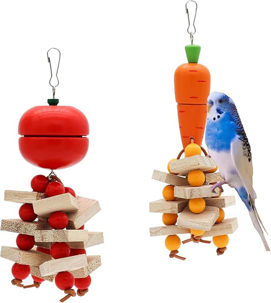 Bird Parrot Toys with Wood Blocks Beads and Colorful Ball, Tomato & Carrot Style Hanging Parrots Cage Chewing Cascade Bite Toy for Small Medium Birds (Tomato+Carrot)