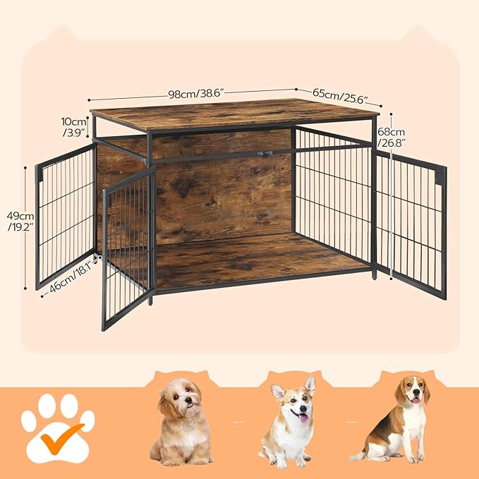 HOOBRO Dog Crate Furniture, 38.6 Inch Wooden Dog Crate Table with 3 Doors, Indoor Dog Kennel Furniture for Medium/Large Dog, Side End Table, Chew-Resistant Dog House, Rustic Brown and Black BF93GW03